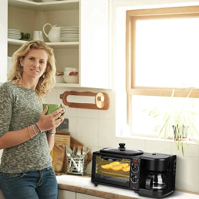 3-In-1 Breakfast Maker Center Station | Multifunctional Retro Family Electric Toaster Machine | Compact Stainless Steel Oven with Coffeemaker and Egg Griddle