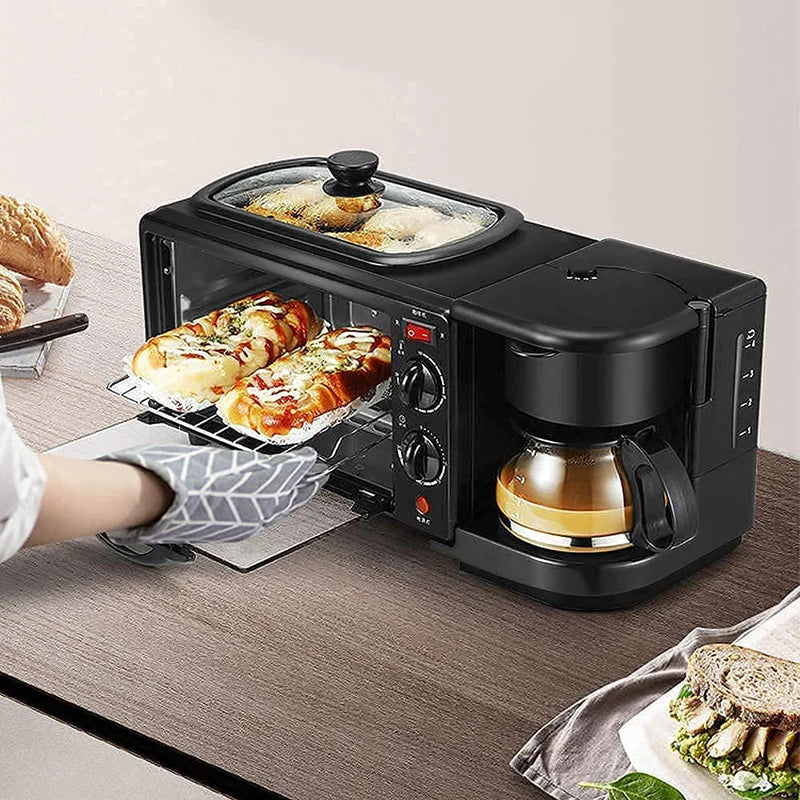 3-In-1 Breakfast Maker Center Station | Multifunctional Retro Family Electric Toaster Machine | Compact Stainless Steel Oven with Coffeemaker and Egg Griddle